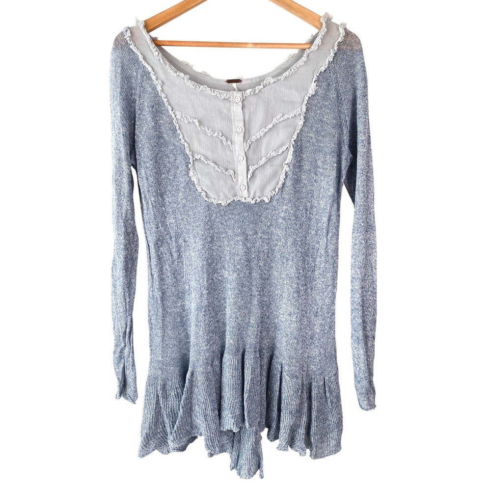Free People Womens Tunic Top M Blue 100% Linen Fairy Sweater Ruffle Cottagecore